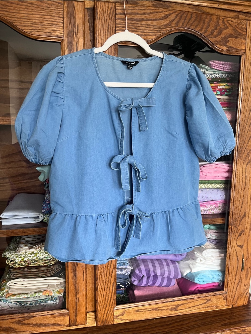 Denim short sleeve tie top